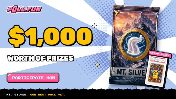 Promotional banner for 'PULLFUN' advertising $1,000 worth of prizes including a 'MT. SILVER' digital pack featuring a Swoosh logo and a Sendno DB12ZE trading card with a Pikachu character.