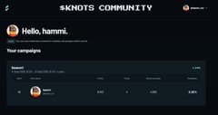 A dark-themed dashboard for the 'SKNOTS COMMUNITY' welcoming a user named 'hammi' with a campaign report showing zero activity.