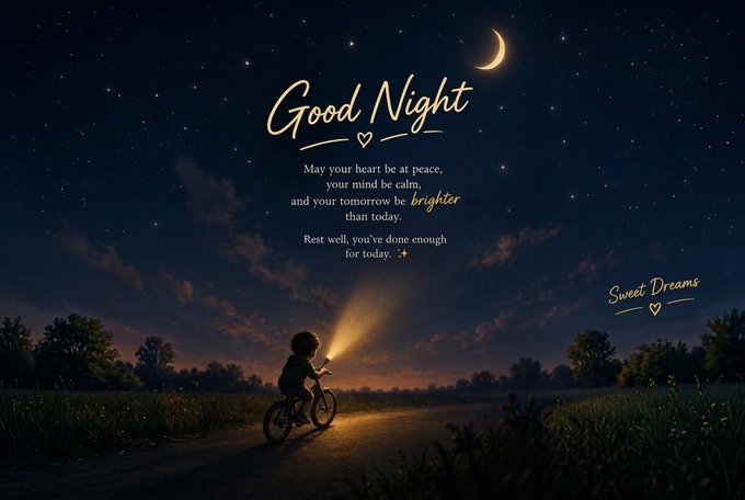 A nighttime illustration features a child riding a bicycle with a flashlight along a path under a starry sky and crescent moon, with text reading 'Good Night', 'May your heart be at peace, your mind be calm, and your tomorrow be brighter than today. Rest well, you've done enough for today.', and 'Sweet Dreams'.