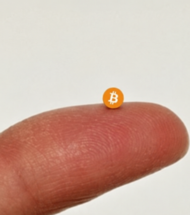 A tiny orange pill marked with the Bitcoin "₿" symbol rests on the tip of a person's finger.