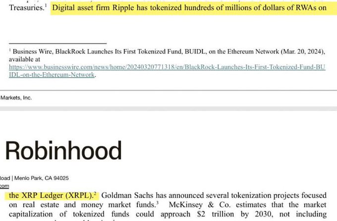 Highlighted text discussing Ripple's tokenization of RWAs on the XRP Ledger (XRPL), mentioning Goldman Sachs projects, McKinsey's $2 trillion market estimate by 2030, with a Robinhood logo visible.