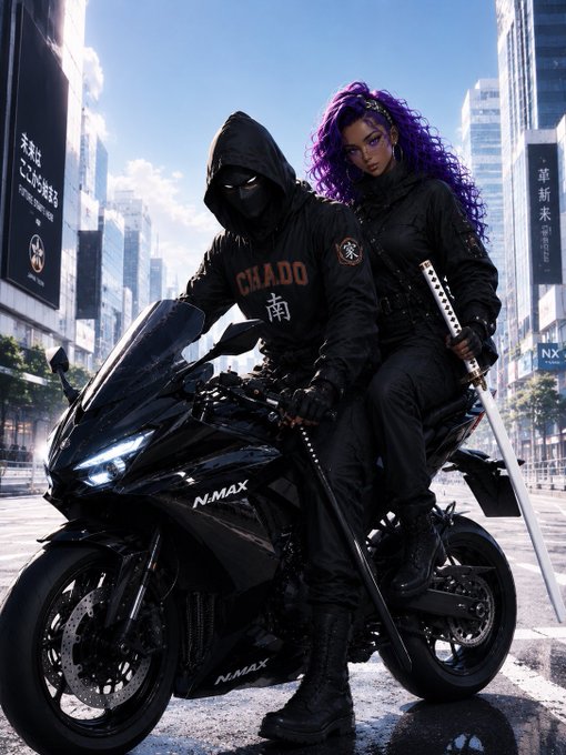 An anime/cyberpunk-style digital artwork of two characters in black tactical gear — a hooded figure and a woman with purple hair holding a katana — sitting on a black NMAX motorcycle in a futuristic city street with Japanese signage.
