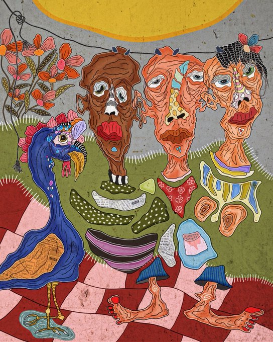 The image features a cartoon illustration of four people with strange faces, including one person wearing a hat that has a bird on it. The group appears to be gathered around a bird, which is perched on their heads or wings. The scene takes place in an outdoor setting, possibly a park or garden area.