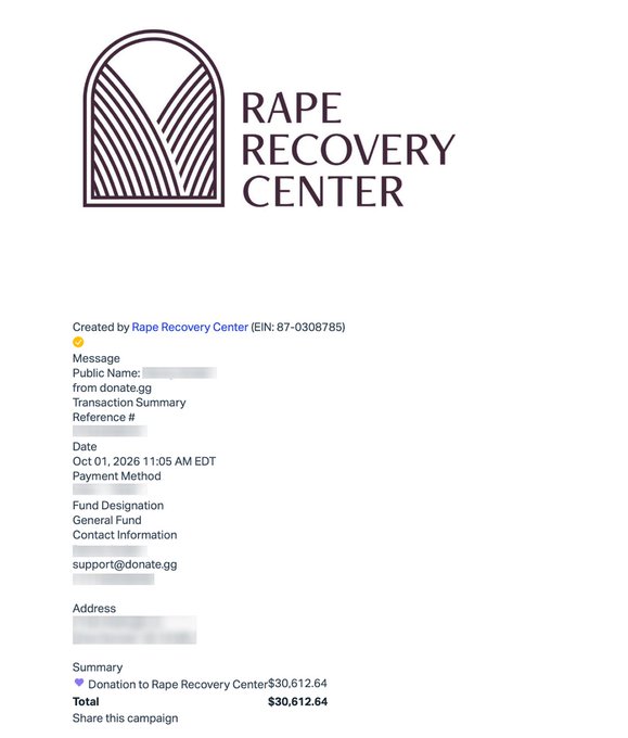 A donation receipt from Rape Recovery Center (EIN: 87-0308785) showing a donation of $30,612.64 to the General Fund made on October 1, 2026 via donate.gg.