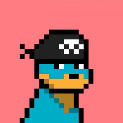 A pixel art profile picture of a character named "Dusty," featuring a turquoise-skinned figure wearing a black pirate hat with a skull-and-crossbones emblem and a matching turquoise shirt, set against a pink background. The image serves as the new profile pic for the introduction of Dusty in "Legends," a premium trading card game by @doginaldogs.