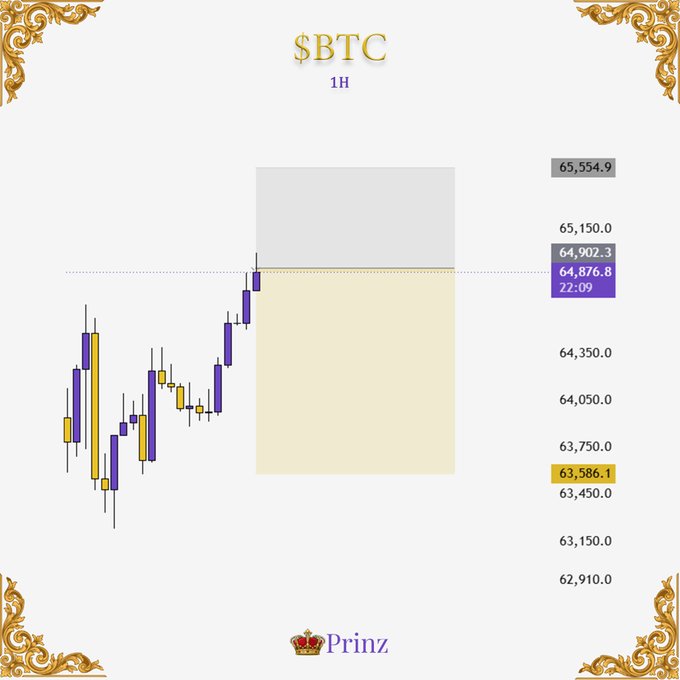 A 1-hour candlestick chart of Bitcoin ($BTC) showing price around $64,876-$65,150, with decorative gold corners and a "Prinz" watermark at the bottom.