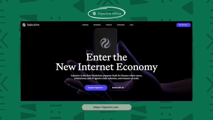 Injective Africa promotional image showing the Injective website with text 'Enter the New Internet Economy' and link https://injective.com.