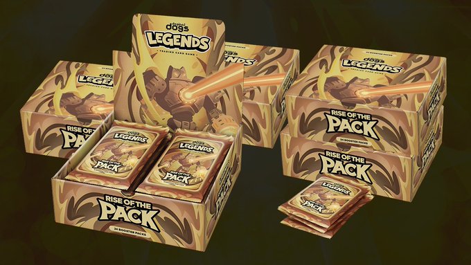 Several display boxes of 'Dog's Legends - Rise of the Pack' booster packs are arranged, with one open to reveal trading card packs inside.