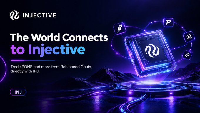 A promotional graphic for Injective with the text 'The World Connects to Injective' and 'Trade PONS and more from Robinhood Chain, directly with INJ.'