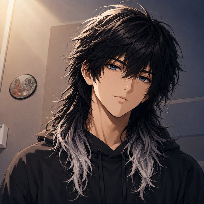 An anime-style digital illustration of a young man with long black-to-silver gradient hair and blue eyes, wearing a black hoodie.