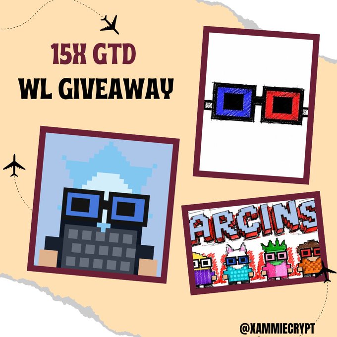 A giveaway announcement for "15X GTD WL" featuring pixel art from the Arcins__ collection, including a blue cat character and the Arcins brand logo, promoting entry by following @XAMMIECRYPT, @Arcins__, and @FORESIGHTDAO while dropping an EVM wallet with proof.