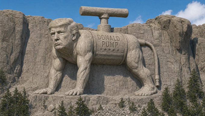 A satirical stone sculpture depicting a figure with Donald Trump's face fused with a gorilla body, labeled "DONALD PUMP," modeled after the Mount Rushmore monument with a pump nozzle handle on its back.