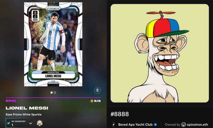 A split-screen showing an Epic Lionel Messi digital trading card (Base Prisms White Sparkle, #8/8) on the left and a Bored Ape Yacht Club NFT (#8888) owned by spinotron.eth on the right.
