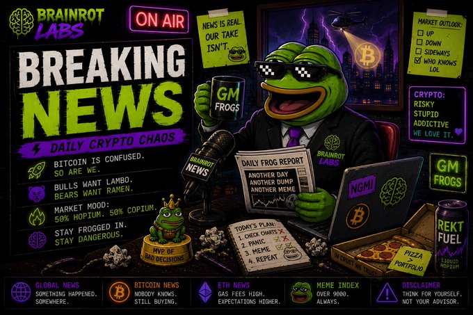 A vibrant neon-style digital illustration titled 'BREAKING NEWS - DAILY CRYPTO CHAOS' from Brainrot Labs, featuring an anthropomorphic frog in sunglasses and a suit holding a 'GM Frogs' mug, surrounded by crypto-themed graphics including Bitcoin symbols, a 'REKT FUEL' can, and headlines like 'BITCOIN IS CONFUSED' and 'BULLS WANT LAMBO, BEARS WANT RAMEN'.