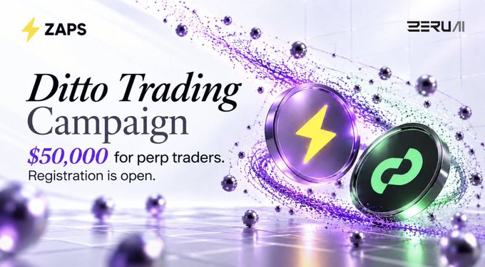 A promotional banner for the 'Ditto Trading Campaign' by ZAPS and EERU AI, offering '$50,000 for perp traders,' featuring purple and green coin graphics.