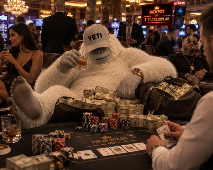 A large white furry yeti-like creature wearing a "YETI" cap reclines on a casino table surrounded by stacks of cash, poker chips, and a "HIGH ROLLER" branded mat, with a "JACKPOT $11,732,089.40" sign in the background.