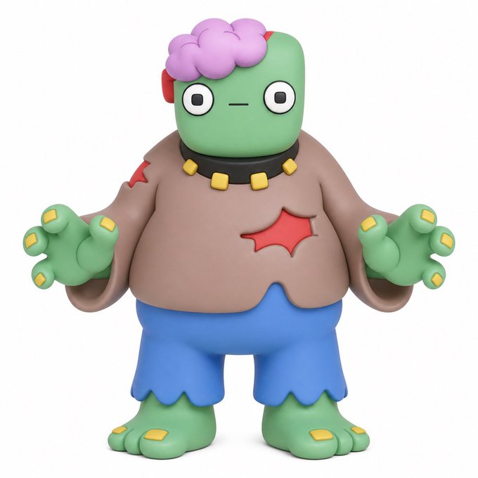 A cartoon figurine of a green-skinned zombie character with a pink brain exposed on its head, wearing a tattered brown shirt with a red star patch and blue shorts.
