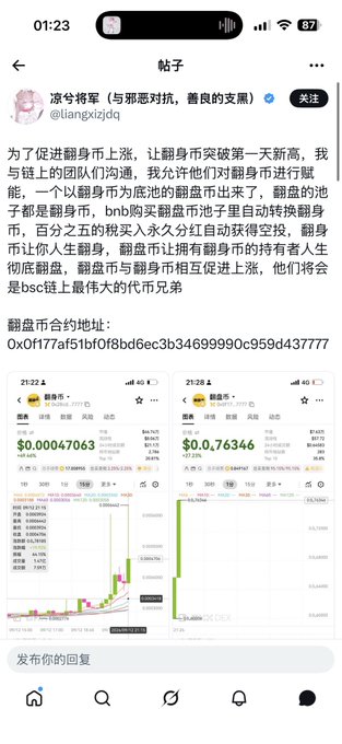 A Chinese social media post in Chinese discusses promoting a new cryptocurrency called '翻身币' (Fānshēn Coin), including screenshots of price charts showing values like '$0.00047063' and '$0.76346', and a contract address beginning with '0x0f177af51bf0f8bd6ec3b34699990c959d437777'.