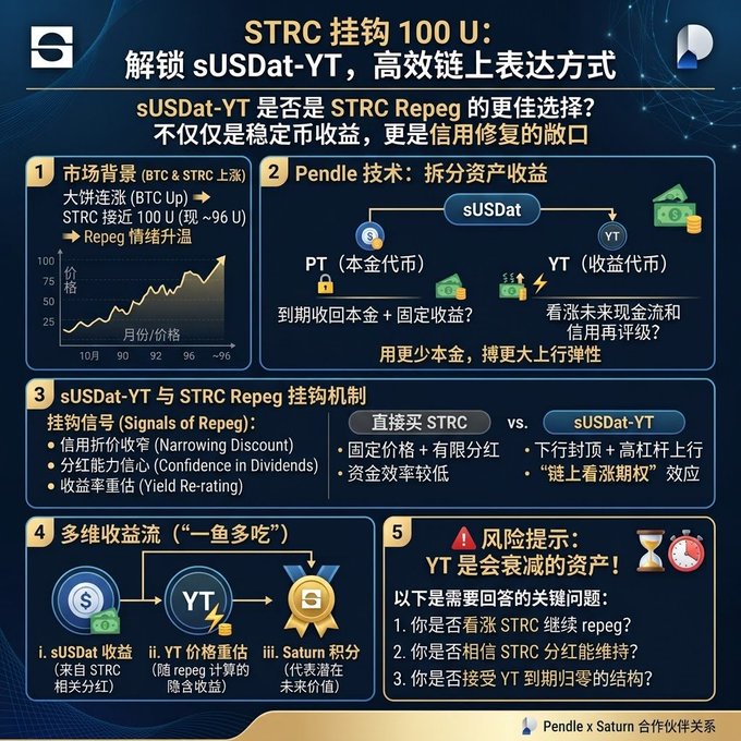 A Chinese infographic titled 'STRC 挂钩 100 U' explaining the financial mechanisms of sUSDat-YT and STRC Repeg, featuring charts and text about Pendle and Satum.