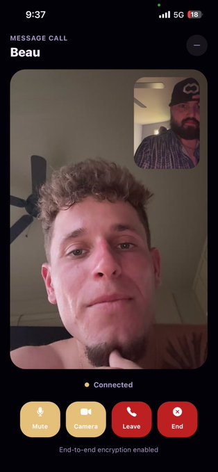 A FaceTime-style video call in the "Beau" conversation showing two men on camera with call controls (Mute, Camera, Leave, End) and "End-to-end encryption enabled" displayed at the bottom. The image relates to the post by showcasing a real-time encrypted video call interface as part of the LYNK dApp experience on the Solana dApp Store.