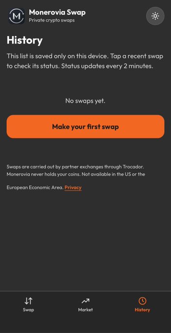 A mobile app screenshot titled 'Monerovia Swap - Private crypto swaps' showing a History page with 'No swaps yet' and an orange 'Make your first swap' button, with text about availability and privacy.