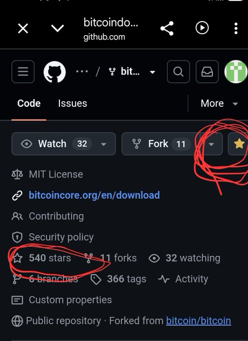A screenshot of a GitHub repository showing Bitcoin Core (or related) repo stats: 540 stars, 11 forks, and 32 watchers, with red circles highlighting the star count and dropdown menu. The image relates to the post by showing an example of a GitHub star counter that users are encouraged to vote on to help $DOG approach Bitcoin Knots' 718-star count.