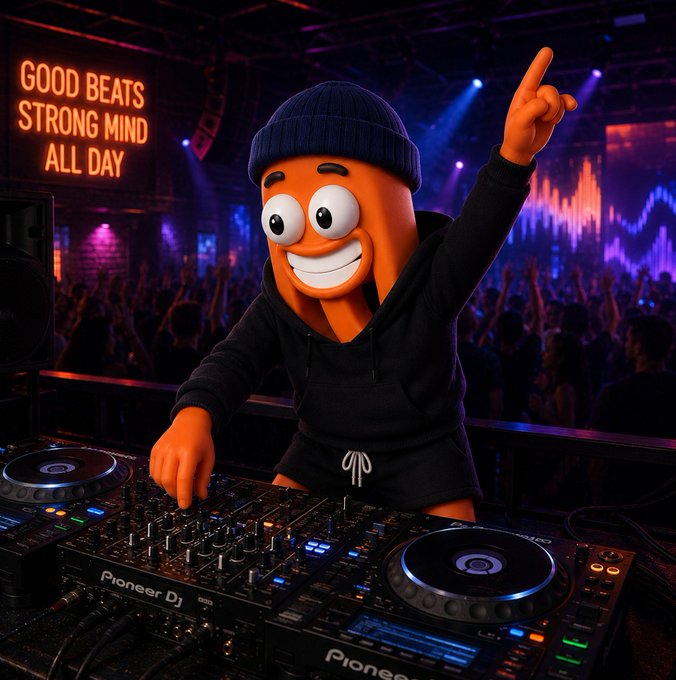 A cheerful orange cartoon character wearing a black hoodie and beanie works a Pioneer DJ mixer on stage, throwing up a pointed finger while a massive crowd cheers under neon club lighting and a glowing "GOOD BEATS STRONG MIND ALL DAY" sign.

The image captures that triumphant, hype-man DJ energy that perfectly mirrors the rush of excitement and crowd-rallying confidence after pushing code live onchain.