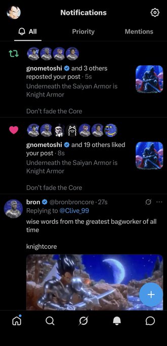 A Twitter/X notifications screen shows multiple interactions (reposts and likes from users like "gnometoshi" and 19+ others) on a post about "Underneath the Saiyan Armor is Knight Armor" with the caption "Don't fade the Core," along with a reply from user "bron" (@nbronbronc) praising "wise words from the greatest bagworker of all time" with the hashtag #knightcore—illustrating the strong community engagement supporting the $KNIGHT token as highlighted in the caption.