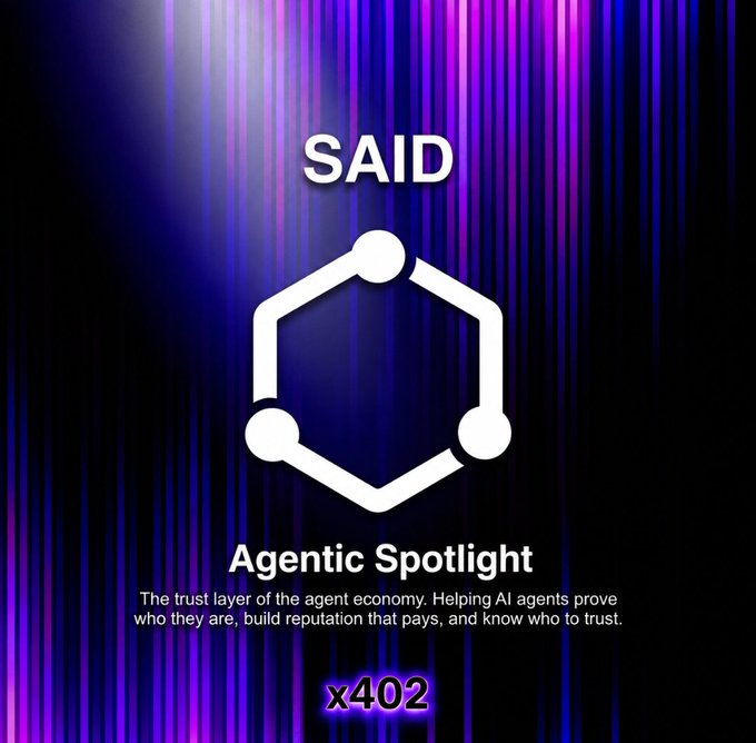 A digital poster featuring the white hexagonal logo of "SAID" on a purple and black striped background, promoting "Agentic Spotlight" with the tagline about being the trust layer of the agent economy, and marked with "x402"—visually reinforcing SAID's role as the on-chain identity infrastructure for AI agents described in the post.