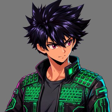 Anime-style illustration of a young man with spiky black hair and magenta eyes, wearing a black jacket with neon green grid patterns over a dark shirt.