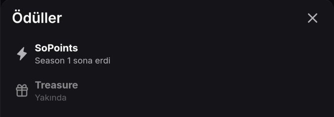 A rewards interface screen titled 'Ödüller' (Rewards) in Turkish, showing 'SoPoints' for Season 1 and 'Treasure' labeled 'Yakında' (Coming Soon).