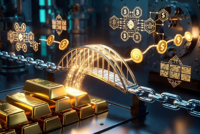 A stylized digital illustration depicting cryptocurrency and gold, featuring gold bars, Bitcoin coins, chains, and a glowing bridge connecting dollar signs with blockchain/crypto icons in an industrial setting.