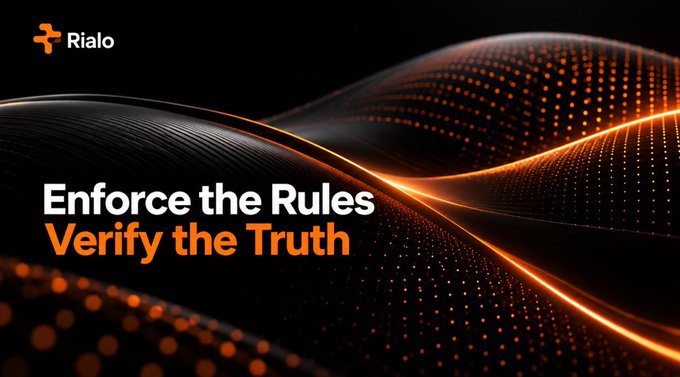 A dark banner for 'Rialo' featuring orange wavy light streaks, with the tagline 'Enforce the Rules, Verify the Truth.'