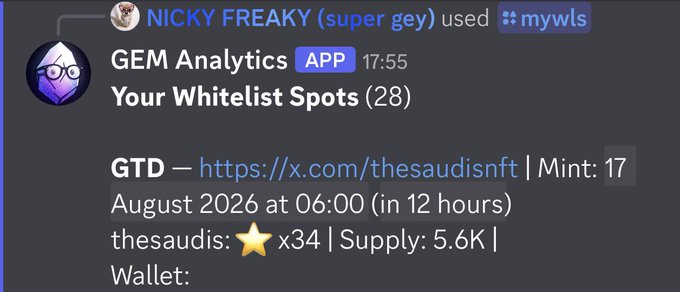A Discord message from GEM Analytics showing whitelist spot details for an NFT collection called GTD, with mint number 17 scheduled for August 2026 and supply of 5.6K.
