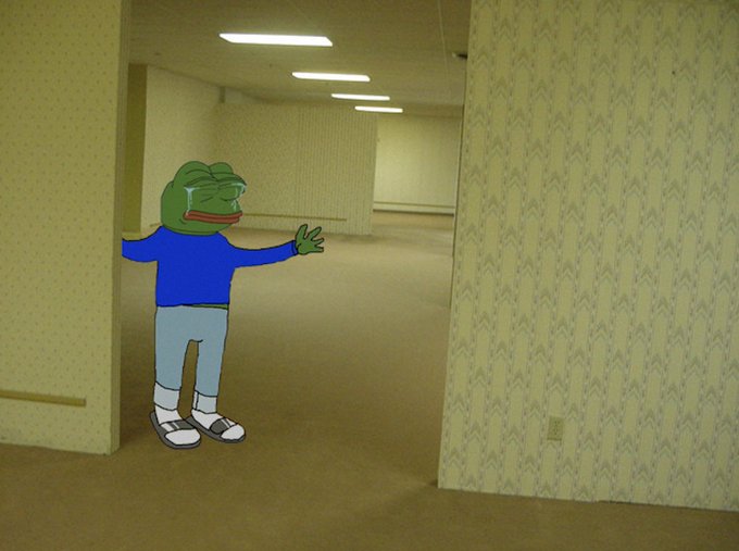 A cartoon Pepe the Frog in a blue shirt peeks around a wall in