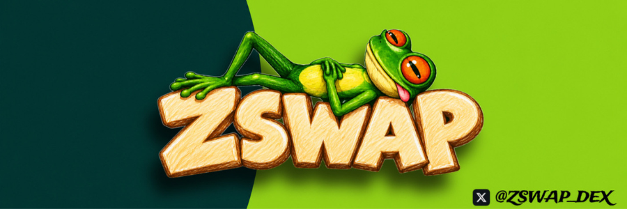 A cartoon green frog rests on top of the 'ZSWAP' logo, with '@ZSWAP_DEX' text in the bottom right corner.