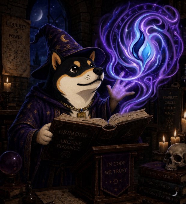 A fantasy digital artwork of a Shiba Inu dog dressed as a wizard in purple robes, reading a 'Grimoire of Arcane Finance' while conjuring purple and blue magical flames in a candlelit study.