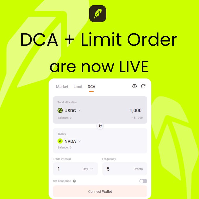 Robinhood promo graphic on green background announcing DCA + Limit Order features now live, showing a trading interface for NVDA with USDG allocation.