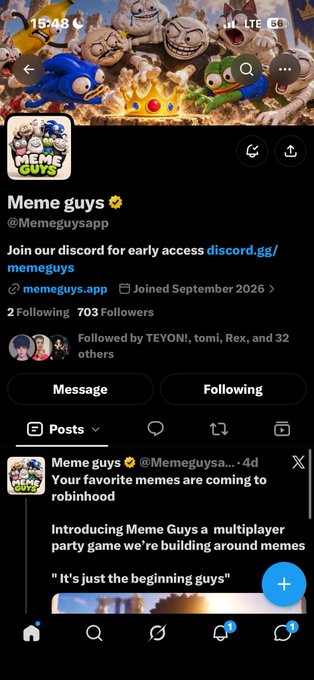 A Twitter/X profile for 'Meme guys' (@Memeguysapp), promoting their Discord at discord.gg/memeguys with a post about 'Meme Guys a multiplayer party game we're building around memes'.