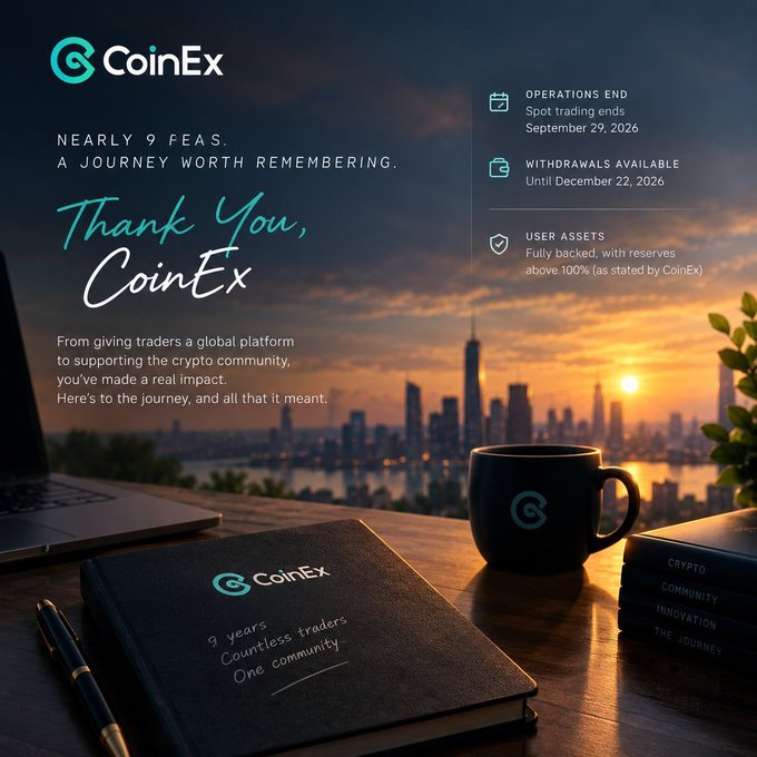 A CoinEx cryptocurrency exchange promotional farewell image with text 'Thank You, CoinEx' and 'NEARLY 9 FEAS. A JOURNEY WORTH REMEMBERING,' announcing operations end on September 29, 2026.