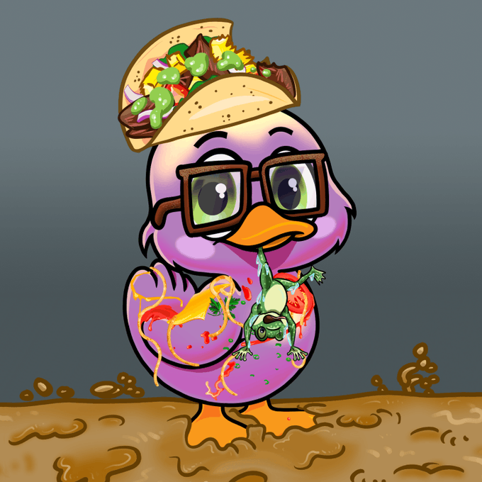 A cartoonish purple duck wearing oversized glasses stands atop a taco-shaped heap, holding a taco shell stuffed with meat and guacamole on its head while clutching a limbless, unlucky frog—visually echoing the post's warning that the adorable @yuckyducks mascot may be quietly feasting on your pet frog.
