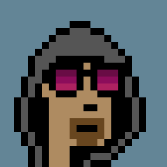 A low-resolution pixel art portrait of a figure with dark hair and reddish-tinted glasses against a blue background, likely serving as the editorial banner or featured image for "The Fountain Weekly" newsletter's recap of digital fine art sales.