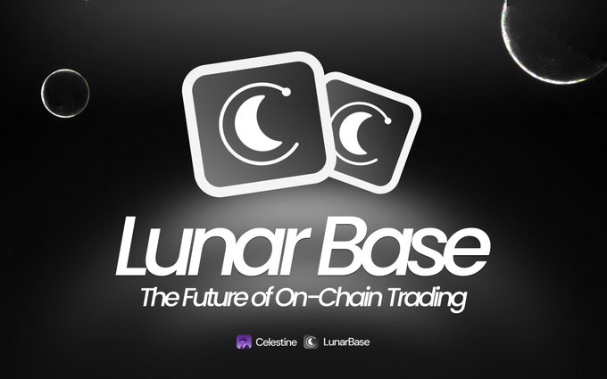 A dark, space-themed promotional graphic for "LunarBase" featuring a logo of two overlapping crescent moon tiles, with the tagline "The Future of On-Chain Trading" and partner branding for Celestine and LunarBase—visually reinforcing the post's message about LunarBase improving trade execution through better pricing and deeper liquidity in on-chain markets.