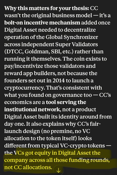 An image of a highlighted passage arguing that Canton Coin (CC) was not Digital Asset's original product but rather a bolt-on incentive mechanism to pay third-party Super Validators (DTCC, Goldman, SBI) for running the Global Synchronizer. The text emphasizes that CC's economics serve Digital Asset's institutional network, not the other way around — and notably, the VCs received equity in Digital Asset, not CC allocations, distinguishing it from typical VC-backed crypto tokens. The highlighted sentence directly supports the post's thesis by suggesting Digital Asset is the true beneficiary of Canton Coin's success rather than CC token holders benefiting from mint-burn mechanics or price appreciation.