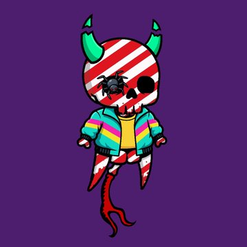 A small devil-like cartoon character with striped horns, a candy-cane striped head, and a colorful jacket stands against a purple background.