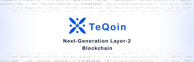 Logo banner for 'TeQoin - Next-Generation Layer-2 Blockchain' set against a background of binary code.