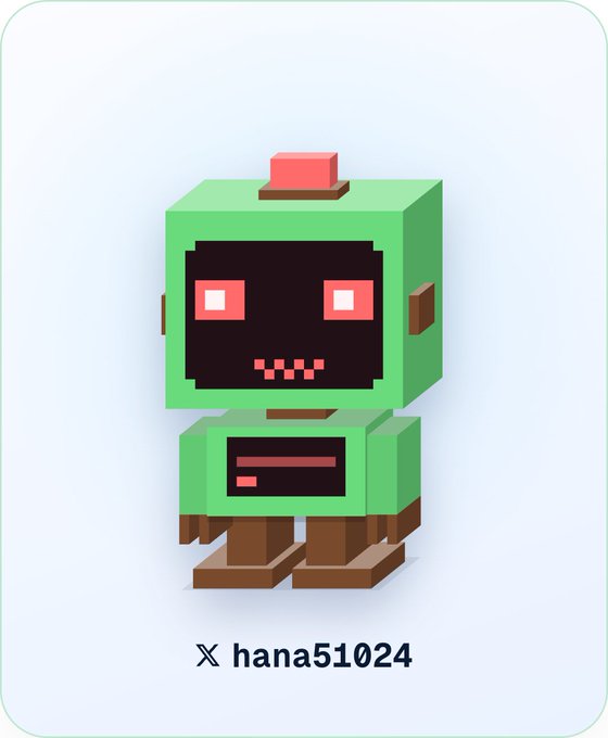 A 3D voxel-style green robot with red pixel eyes and mouth, with text 'X hana51024' displayed at the bottom.