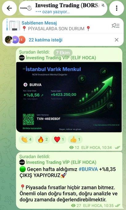 Telegram chat screenshot from 'Investing Trading (BORSA)' showing a stock advisory message about Istanbul Varlık Menkul (NCM Investment) recommending BURVA at +%8.56, top volume 1,423,250.00, mentioning ELIF HOCA.