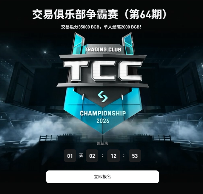 A promotional graphic for the 64th Trading Club Championship (TCC) on Bitget, featuring a countdown timer showing 1 day, 2 hours, 12 minutes, and 53 seconds until registration ends, with a prize pool of 35,000 BGB and a maximum individual reward of 2,000 BGB. The image illustrates the trading competition mentioned in the post, which highlights opportunities to earn rewards through the "Peer Program" while trading pairs like BTC/USDT, ETH/USDT, and XAUT/USDT.