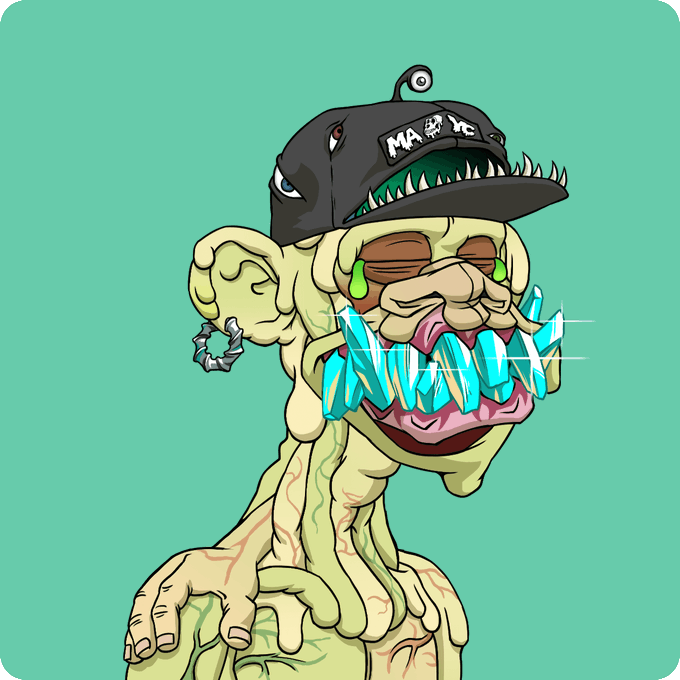 A cartoon illustration shows a grotesque green creature with a monstrous hat featuring teeth, drooling cyan liquid and wearing an earring, set against a mint green background.